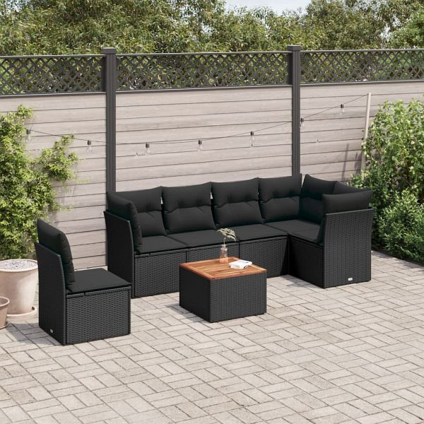 vidaXL 7-teilig Garten-Sofagarnitur mit Kissen Schwarz Poly Rattan, 3255992
