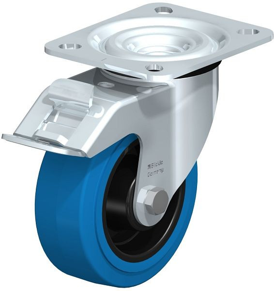 Blickle L-POEV 100G-FI-SB Stahlblech-Lenkrolle, mittelschwere Ausführung, mit Anschraubplatte & Feststeller, Elastik-Vollgummi, Blau, 626895