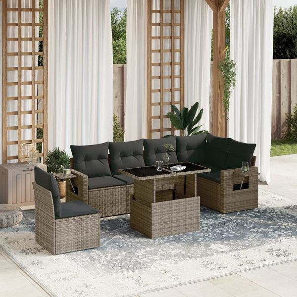vidaXL 7-tlg. Garten-Sofagarnitur mit Kissen Grau Poly Rattan, 3267940