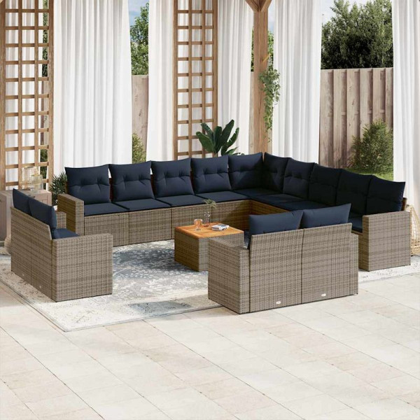 vidaXL 14-teilige Garten-Sofagarnitur mit Kissen Grau Poly Rattan, 3256733