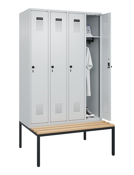 C+P Spind Evolo PLUS, 4 Abteile, 2120x1200x815mm, 7035/7035, Haken 3, Drehriegel, Sitzfläche Buche-Hartholz, Sitzbank, 0490507-40 S10013