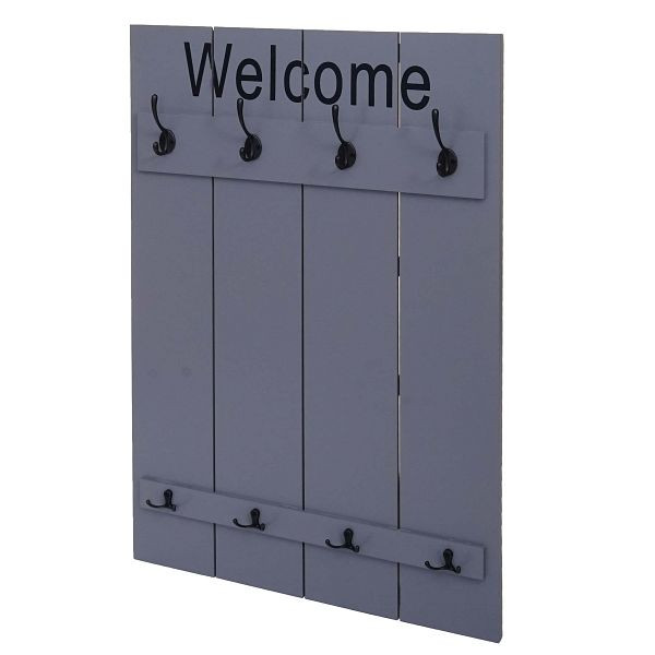 Mendler Wandgarderobe HWC-C89 Welcome, Garderobe Garderobenpaneel, Shabby-Look Vintage, 91x60cm, grau-blau, 94475