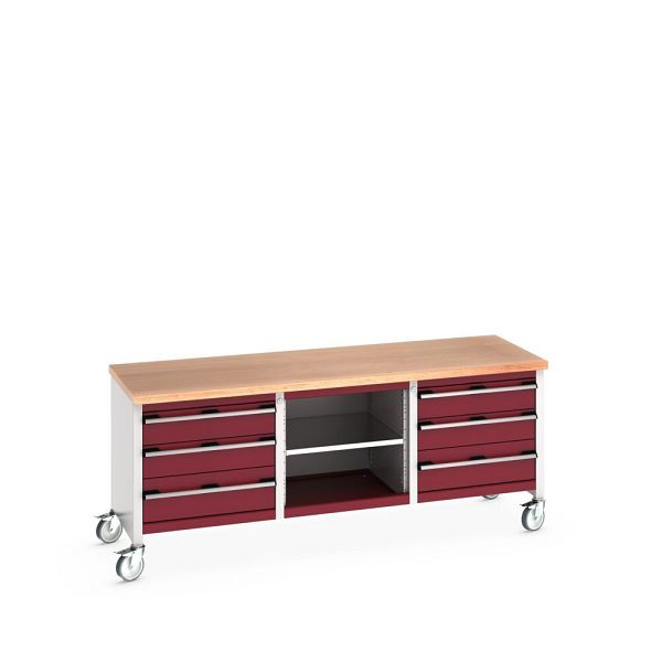 bott cubio Kastenwerkbank mobil 6 Schubladen, Ablage, Multiplex-Arbeitsplatte, BxTxH: 2000x750x840mm, RAL 7035/3004, Purpurrot, 41002130.24V