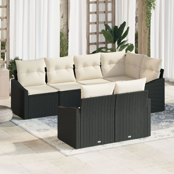 vidaXL 7-teiliges Garten Esstisch Set mit Kissen Schwarz Poly Rattan, 3355426