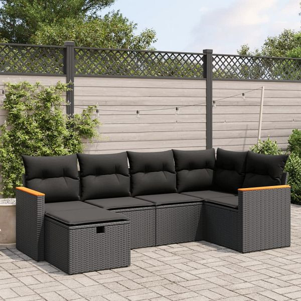 vidaXL 6-tlg. Garten-Sofagarnitur mit Kissen Schwarz Poly Rattan, 3265297