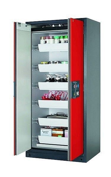 asecos Sicherheitsschrank Q-PEGASUS-90, Q90.195.090.WDAC in verkehrsrot RAL 3020 mit 6x Auszugswanne Standard (Stahlblech), 30042-046-30055