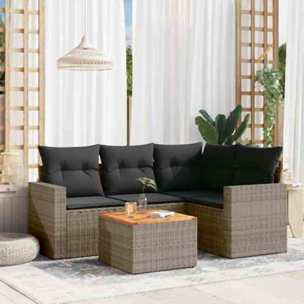 vidaXL 5-tlg. Garten-Sofagarnitur mit Kissen Grau Poly Rattan, UV-beständig, 3224107