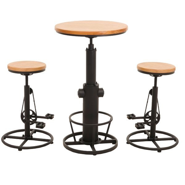 Mendler Set Bartisch + 2x Barhocker HWC-N20, Barstuhl Stehtisch höhenverstellbar drehbar Fußablage Industrial Holz, natur, 106033+2x105967