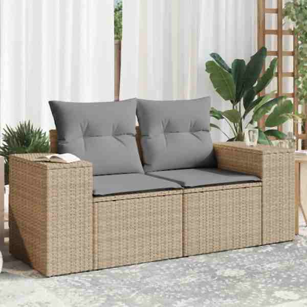 vidaXL Gartensofa mit Kissen 2-Sitzer Beige Poly Rattan, UV-beständig, 366096