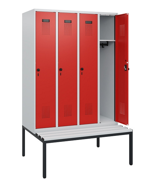 C+P Spind Evolo PLUS, 4 Abteile, 1950x1200x815mm, 7035/3020, Drehriegel, Sitzfläche Kunststoff, Sitzbank, 0490505-40 S10059
