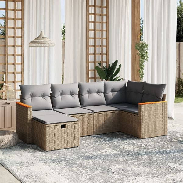 vidaXL 6-teilig Garten-Sofagarnitur mit Kissen Beige Poly Rattan, 3265301