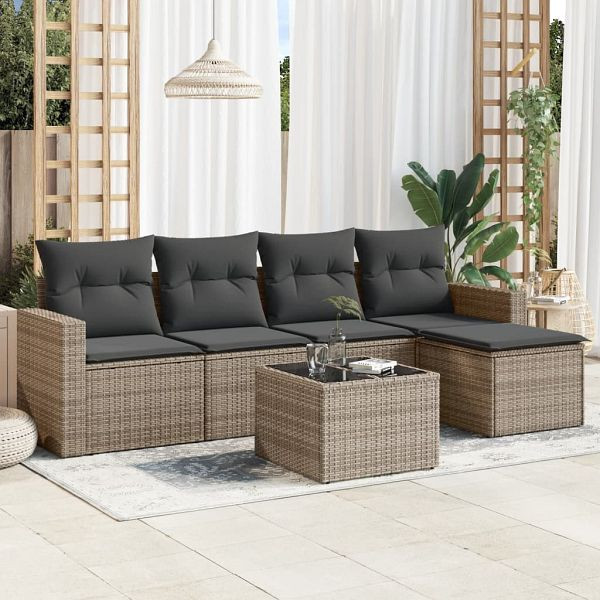 vidaXL 6-tlg. Garten-Sofagarnitur mit Kissen Grau Poly Rattan, 3218890
