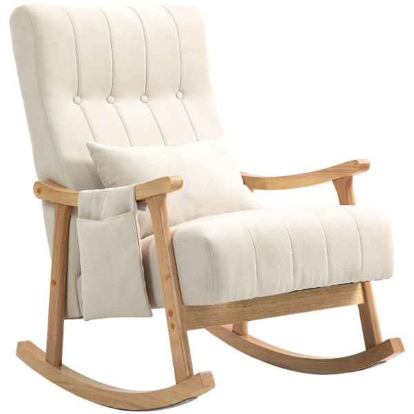 HOMCOM Schaukelstuhl mit Nierenkissen, breiter Sitz, Buchenrahmen, bis 120 kg, Beige, 83B-114V00BG