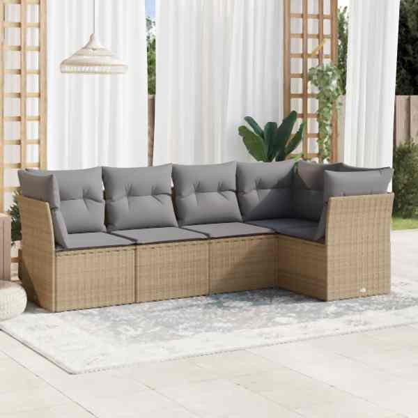 vidaXL 5-tlg. Garten-Sofagarnitur mit Kissen Beige Poly Rattan, UV-beständig, 3217599
