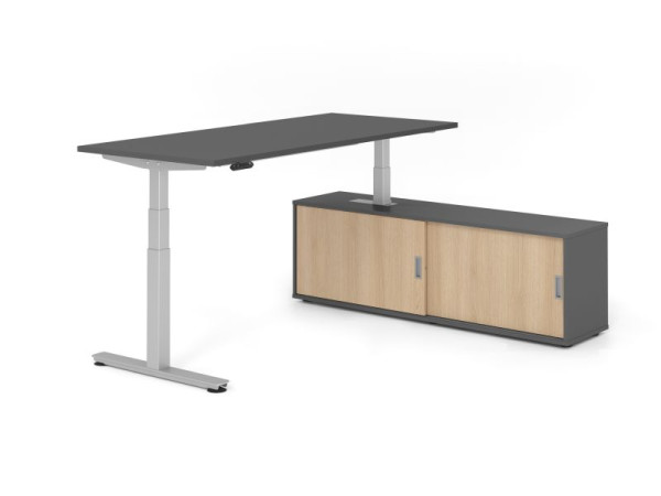 Hammerbacher Schreibtisch XDSM19, 180x80cm, Platte: Graphit, T-Fuß Gestell Silber, Höhe: 63 - 127 cm, Graphit / Eiche, VXDSM19SB/G/S/G/E