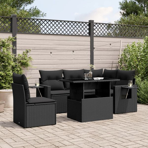 vidaXL 6-teilig Garten-Sofagarnitur mit Kissen Schwarz Poly Rattan, 3267905