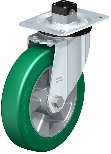 Blickle L-ALST 200K-CS11 Stahlblech-Lenkrolle, mittelschwere Ausführung, mit Anschraubplatte & Zentralfeststeller, Blickle Softhane®, Grün, 751994