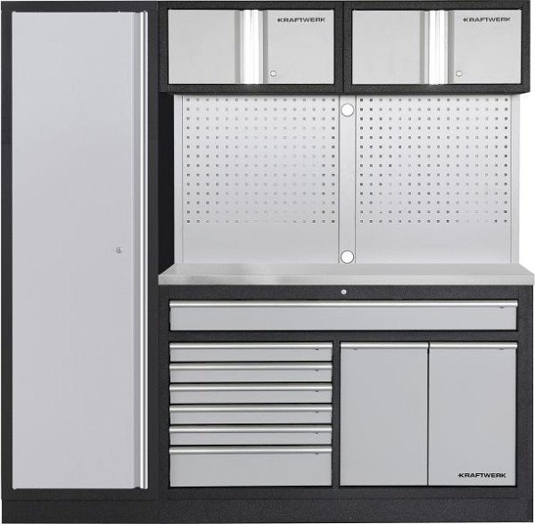 Kraftwerk MOBILIO 2er Kombi breit, Lochwand, 1t Hochschrank, Edelstahl, 3964K-H1W2-K2IX