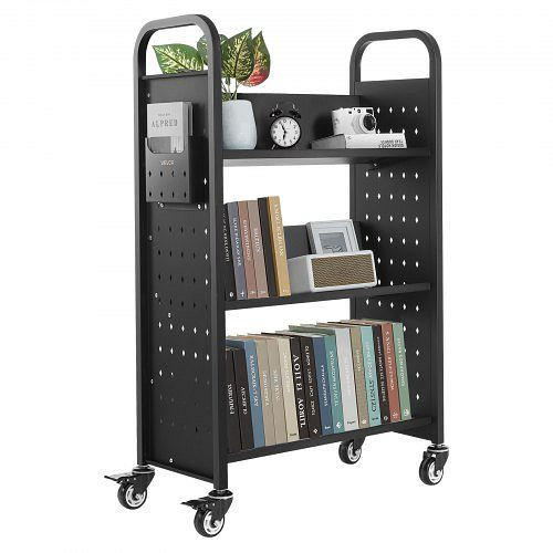 VEVOR Bücherwagen 150kg, 77x38x122cm, einseitig V-förmig, Doppelbremsrollen, für Wohnzimmer, Büro, Schule, Schwarz, VXTSGTCHS3307B7MH001V0