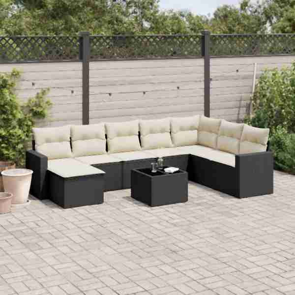 vidaXL 9-tlg. Garten-Sofagarnitur mit Kissen Schwarz Poly Rattan, UV-beständig, 3219356