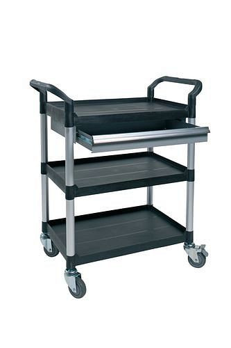 DENIOS Allzweckwagen TOOL, Rohre aus Aluminium gebürstet, 3 Etagen, 1 Schublade, 180040