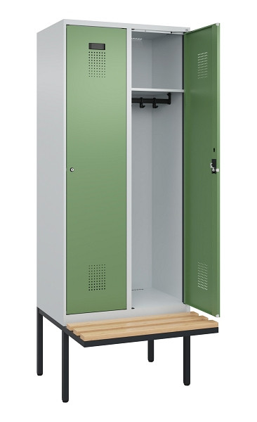 C+P Spind Evolo PLUS, 2 Abteile, 2120x800x815mm, 7035/6011, Haken 4, Zylinderschloss, Sitzfläche Holz, 0490407-22 S10037