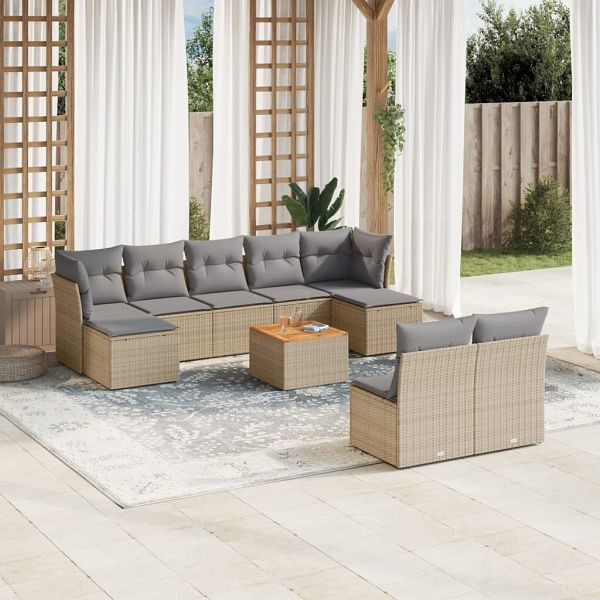 vidaXL 10-tlg. Garten-Sofagarnitur mit Kissen Beige Poly Rattan, 3256192