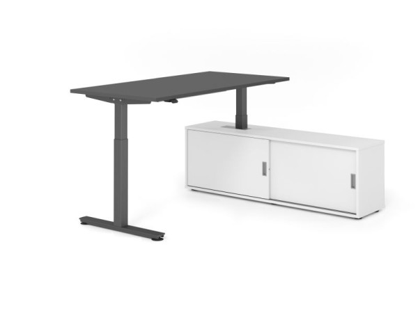 Hammerbacher Schreibtisch XMST16, 160x80cm, Platte: Graphit, T-Fuß Gestell Graphit, Höhe: 71 - 120 cm, Weiß / Weiß, VXMST16SB/G/G/W/W
