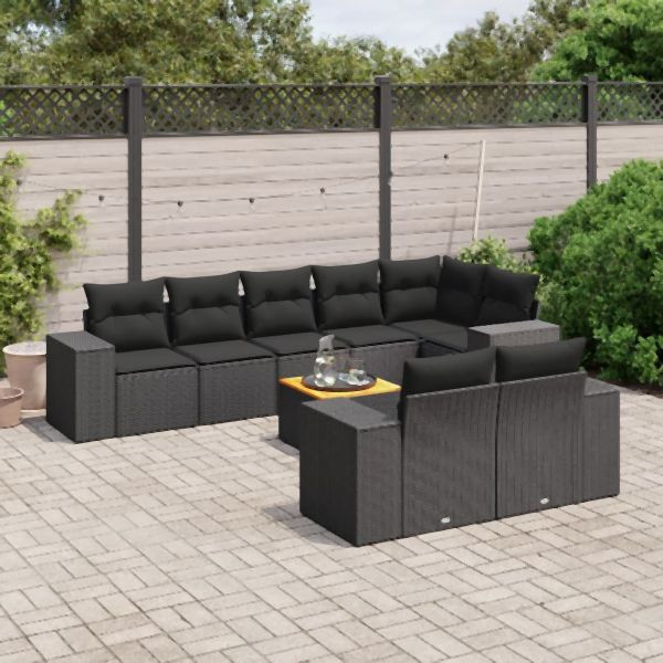 vidaXL 9-tlg. Garten-Sofagarnitur mit Kissen Schwarz Poly Rattan, 3257861