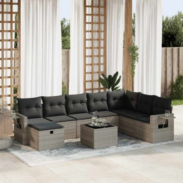 vidaXL 9-tlg. Garten-Sofagarnitur mit Kissen Grau Poly Rattan, 3325546