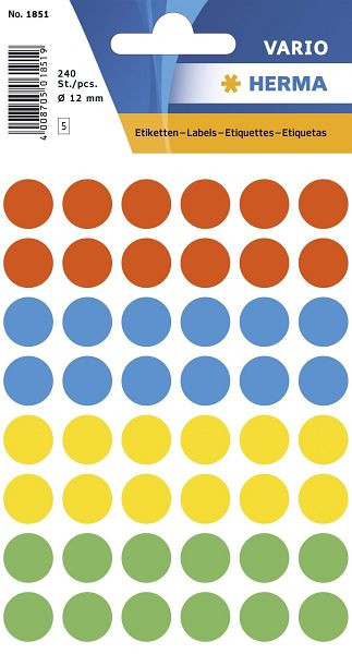 HERMA 1851 Vielzwecketiketten, farbig sortiert, Ø 12 mm, matt, 240 Stück, 1851