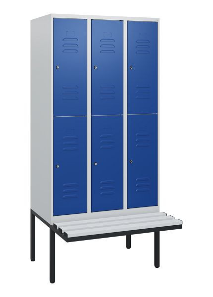C+P Doppelstöckiger Spind Classic PLUS, 3 Abteile, 1950x900x815mm, 7035/5010, Zylinderschlösser, schwebende Sitzfläche, 0803405-30 S10078