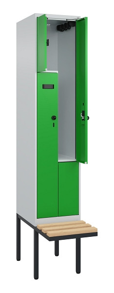 C+P Z-Spind Evolo PLUS, Bank, 2 Fächer, 2120x400x815mm, 7035/6037, Drehriegel, Sitzfläche Holz, 0490437-122 S10004