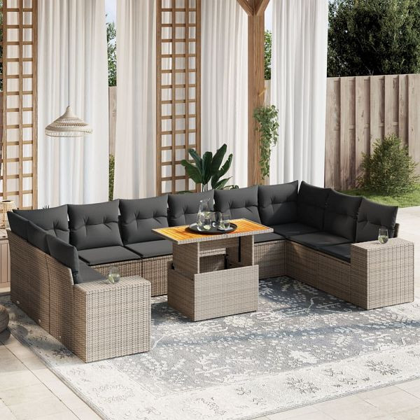 vidaXL 11-teilig Garten-Sofagarnitur mit Kissen Grau Poly Rattan, 3272810