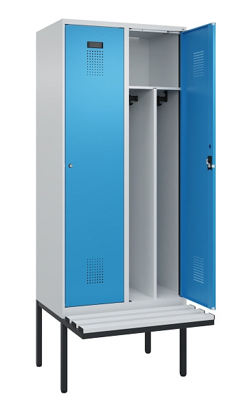 C+P Spind Evolo PLUS, 2 Abteile, 2120x800x815mm, 7035/5012, Haken 4, Zylinderschloss, Sitzfläche Kunststoff, Trennwand, 0490407-22F S10088