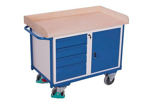 DENIOS classic-line Werkstattwagen mit 3 Ladeflächen, Arbeitsplatte aus Buchensperrholz, 4 Schubladen und Flügeltür, 271544