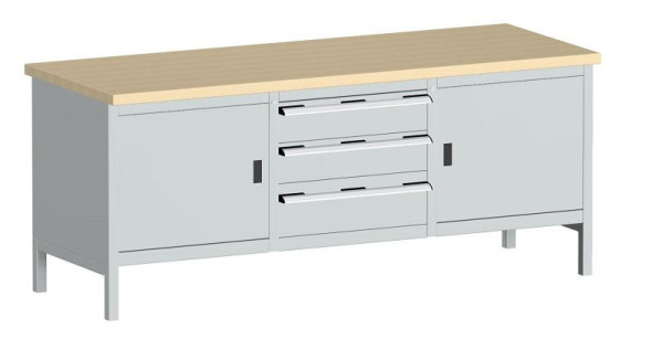 bott cubio Kastenwerkbank mit 3 Schubladen 2 Türen, 2 Ablagen, Multiplex-Arbeitsplatte BxTxH: 2000 x 750 x 840 mm, RAL 7035, 41002055.16V