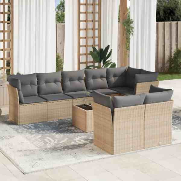vidaXL 9-tlg. Garten-Sofagarnitur mit Kissen Beige Poly Rattan, UV-beständig, 3217919