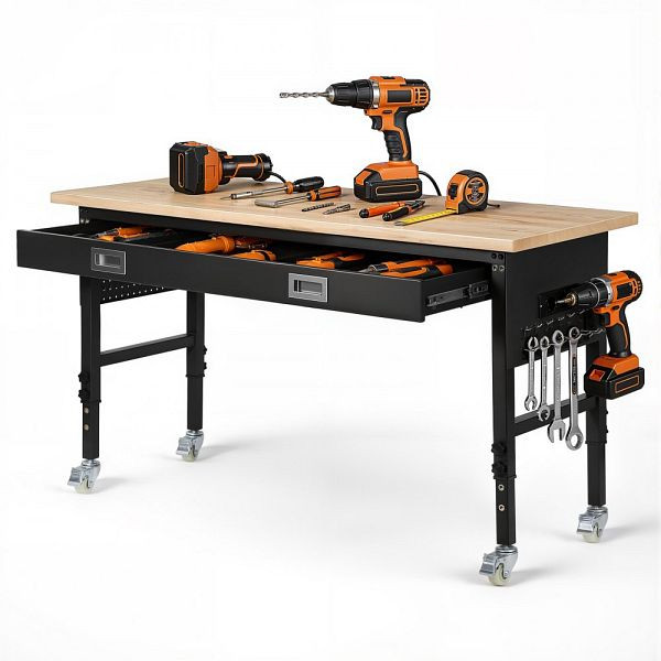 VEVOR Werkbank 1524x610 mm, 680 kg, höhenverstellbar 760-1010 mm, mit Schublade, Steckdose, Rollen & Lochwand, LDSGZTDCTKDLW0SEX001V2