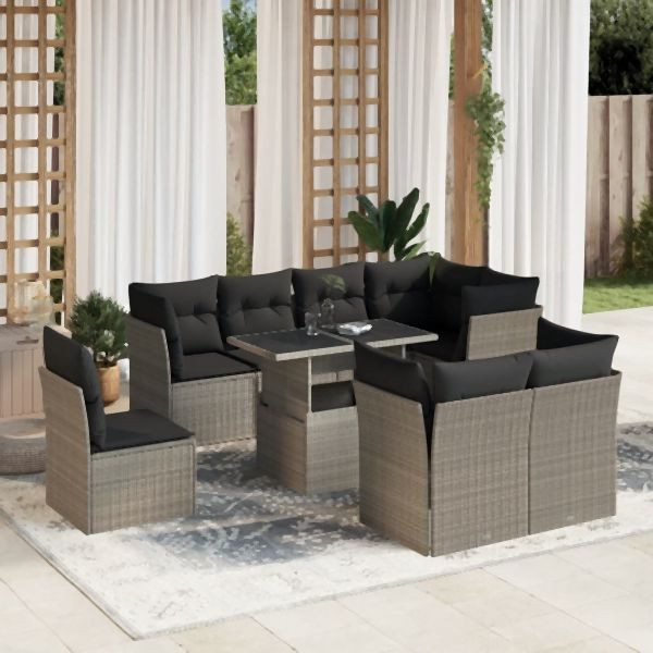 vidaXL 9-tlg. Garten-Sofagarnitur mit Kissen Hellgrau Poly Rattan, 3266732