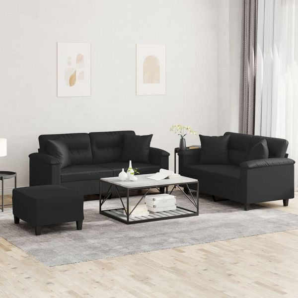 vidaXL 3-tlg. Sofagarnitur mit Kissen Schwarz Kunstleder, 3202377