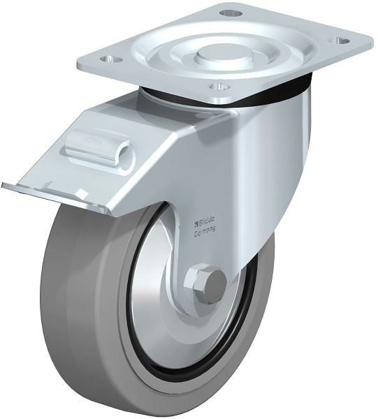 Blickle L-POEV 160R-FI-SG-FA Stahlblech-Lenkrolle, mittelschwere Ausführung, mit Anschraubplatte & Feststeller, Elastik-Vollgummi, Grau, 383562
