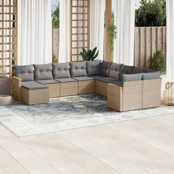 vidaXL 11-teilig Garten-Sofagarnitur mit Kissen Beige Poly Rattan, 3226570