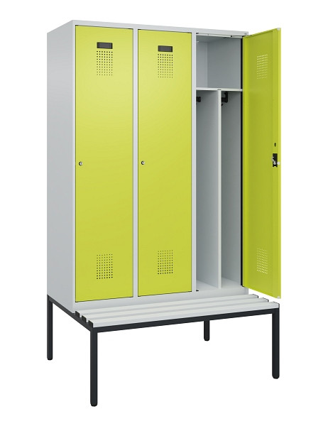 C+P Spind Evolo PLUS, 3 Abteile, 2120x1200x815mm, 7035/0024, Haken 4, Zylinderschloss, Sitzfläche Kunststoff, Sitzbank, Trennwand, 0490507-32F S10096