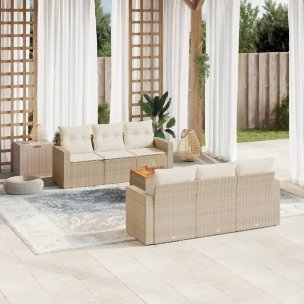 vidaXL 7-tlg. Garten-Sofagarnitur mit Kissen Beige Poly Rattan, 3224014
