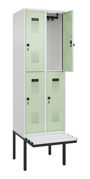 C+P Doppelstock-Spind Evolo PLUS, Bank, 4 Fächer, 2120x600x815mm, 9016/6019, Drehriegel, Sitzfläche Kunststoff, 0493407-20 S10100