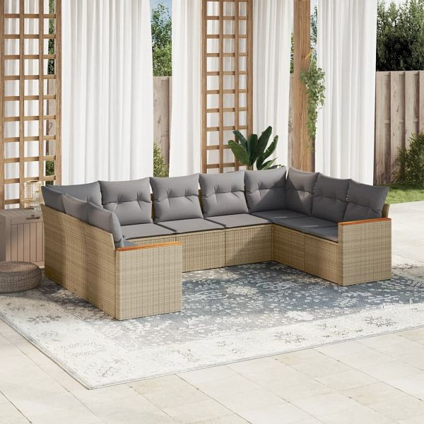 vidaXL 9-teilig Garten-Sofagarnitur mit Kissen Beige Poly Rattan, 3226276