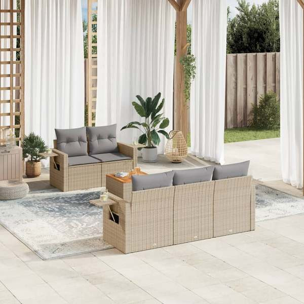 vidaXL 6-tlg. Garten-Sofagarnitur mit Kissen Beige Poly Rattan, UV-beständig, 3224449