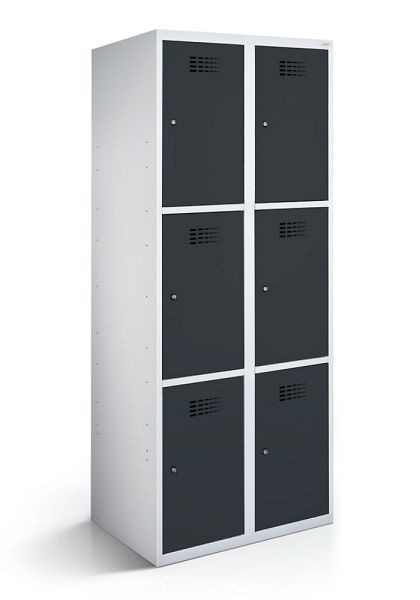 KEMMLIT Schließfachschrank mit 2 Abteilen und 6 Türen 40cm mit geschlossenem Sockel, Anthrazitgrau 7016, Zylinderschloss, 100560