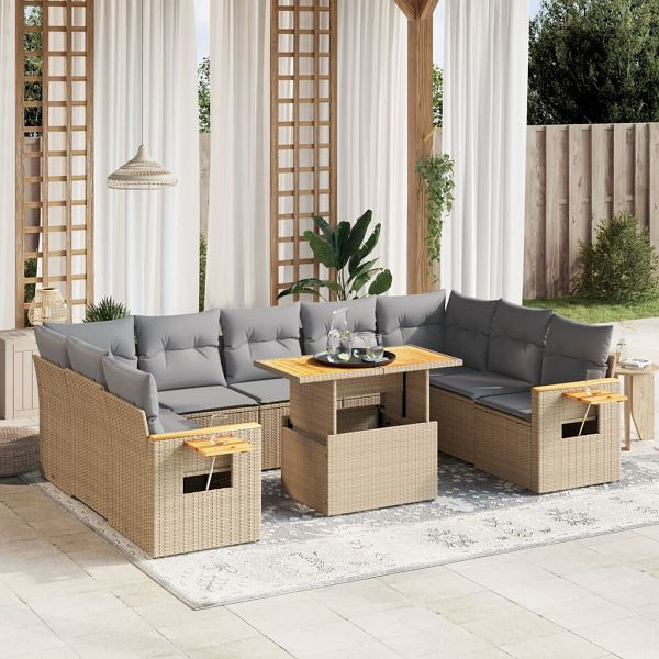 vidaXL 10-teilig Garten-Sofagarnitur mit Kissen Beige Poly Rattan, 3273663